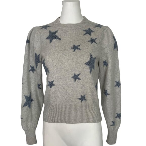 Rebecca Taylor Star Intarsia Sweater S Gray Wool Blend Puff Sleeve Crewneck Fall - Picture 1 of 14